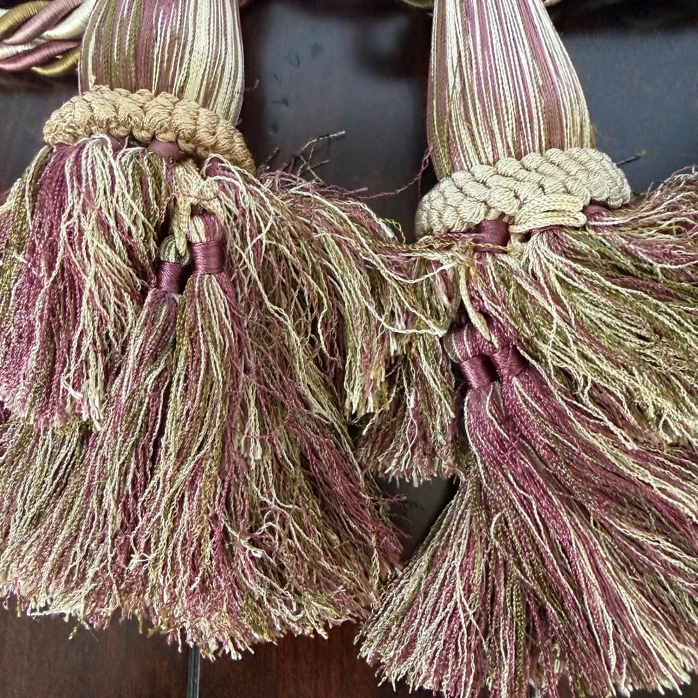Vintage Large Tassel Curtain Tiebacks Pair Burgundy Gold Cream Twisted Rope 2pc